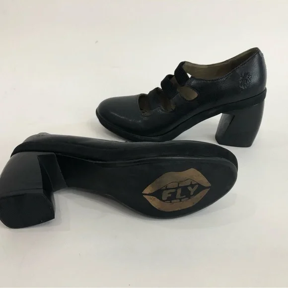 Fly London Black Heeled Shoes with Chunky Heel - Picture 5 of 7